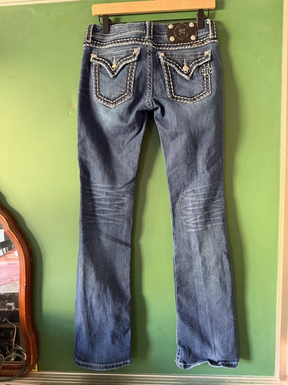 Miss Me Contrast Trim JP5014-8 Bootcut Jeans Flap Pockets Rhinestones Low-Rise
